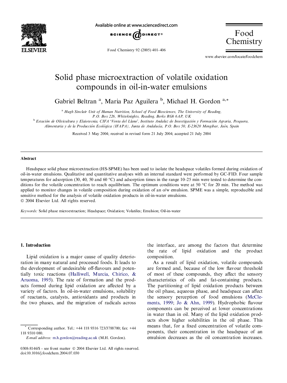 عکس صفحه اول مقاله: Solid phase microextraction of volatile oxidation compounds in oil-in-water emulsions Solid phase microextraction of volatile oxidation compounds in oil-in-water emulsions
