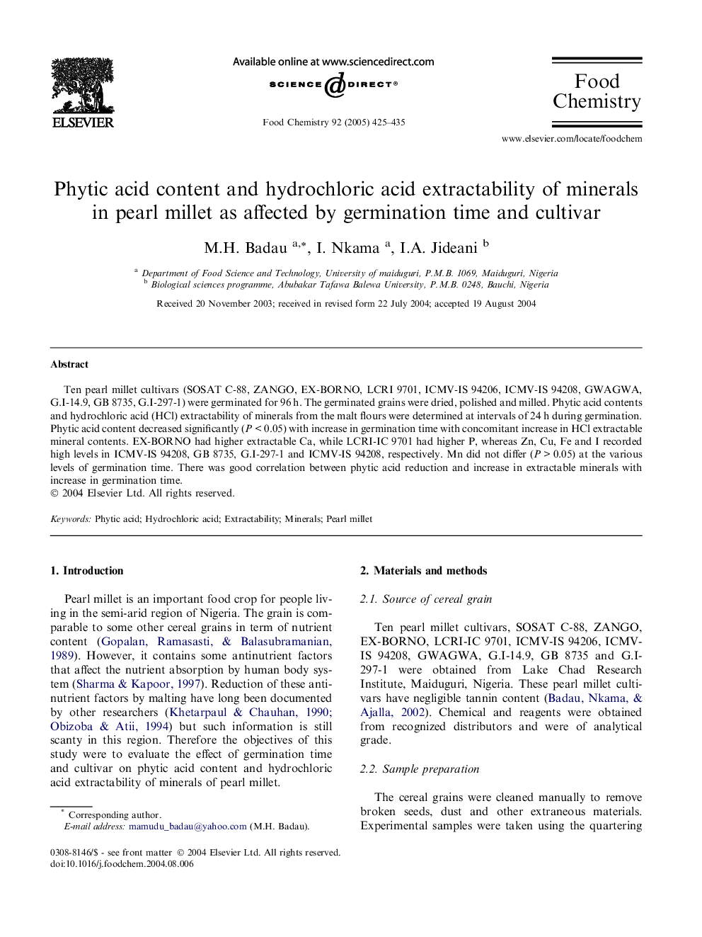 Phytic acid content and hydrochloric acid extractability of minerals in pearl millet as affected by germination time and cultivar