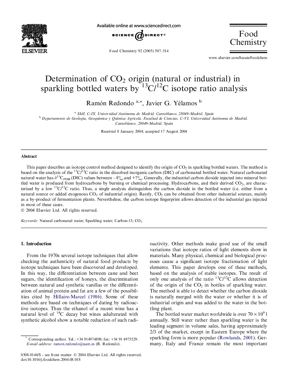 Determination of CO2 origin (natural or industrial) in sparkling bottled waters by 13C/12C isotope ratio analysis