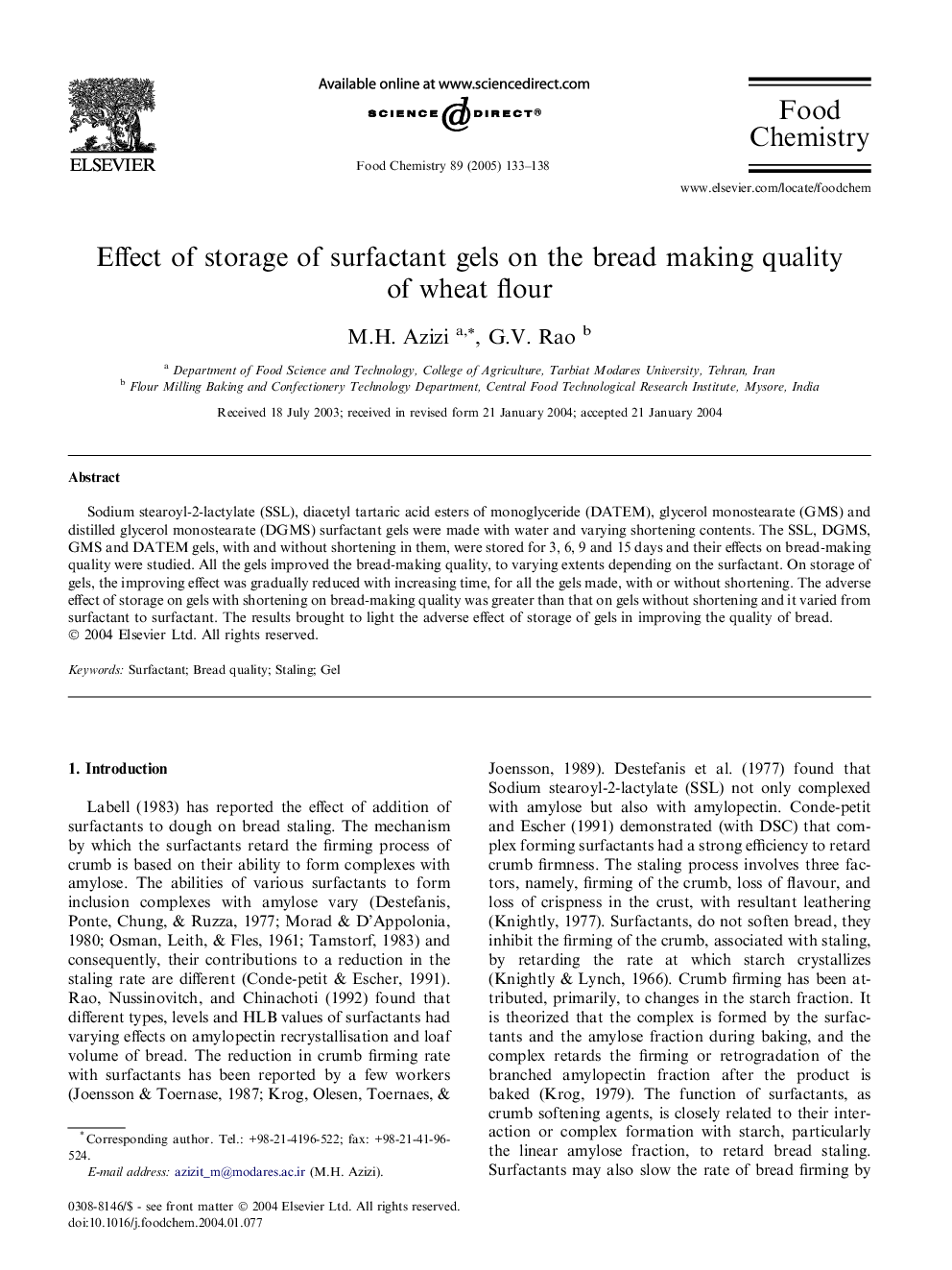 Effect of storage of surfactant gels on the bread making quality of wheat flour