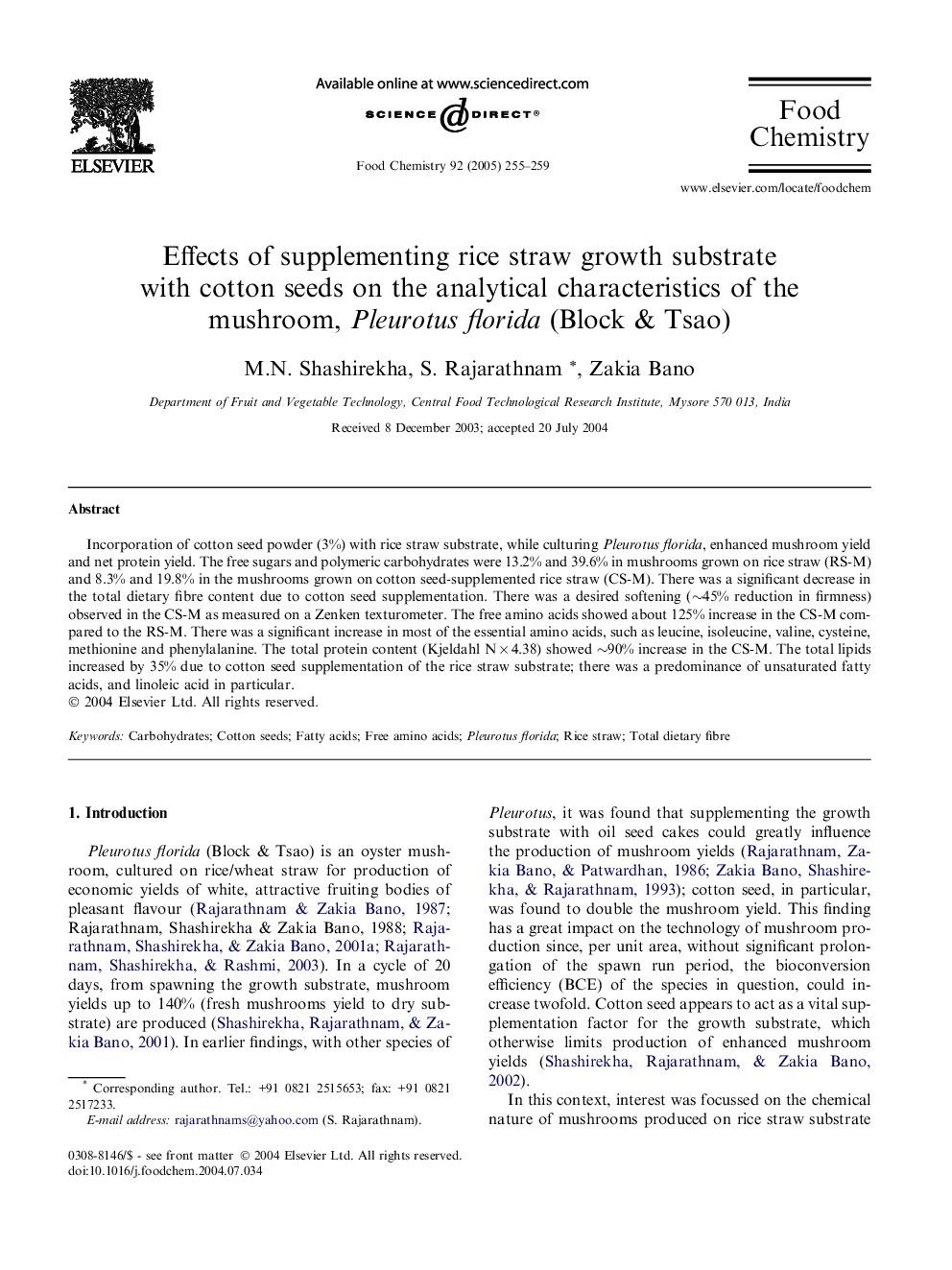 Effects of supplementing rice straw growth substrate with cotton seeds on the analytical characteristics of the mushroom, Pleurotus florida (Block & Tsao)