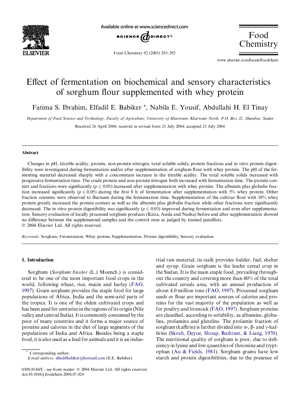 Effect of fermentation on biochemical and sensory characteristics of sorghum flour supplemented with whey protein