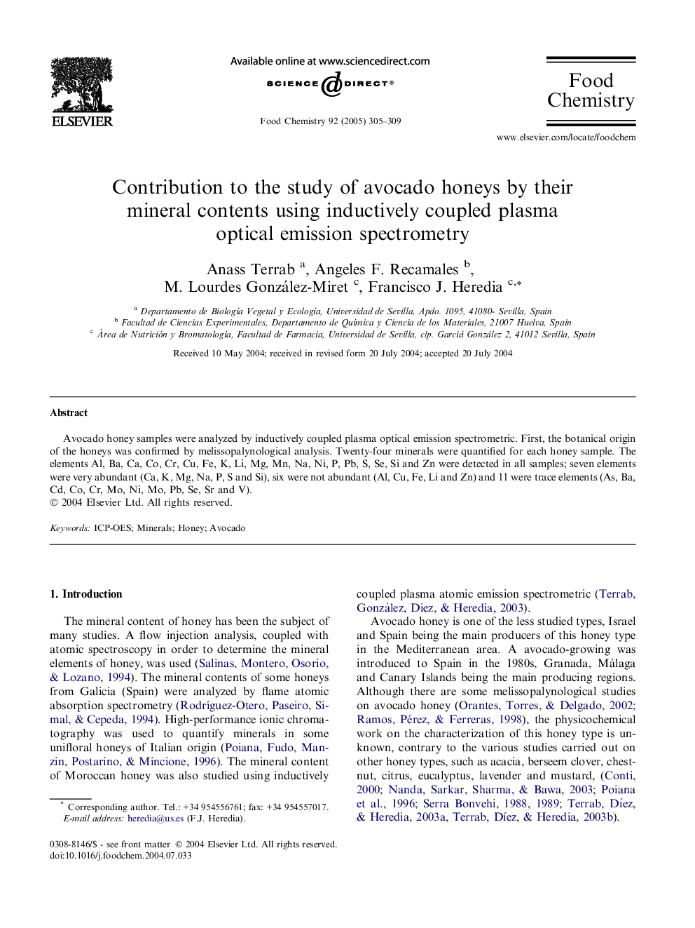 Contribution to the study of avocado honeys by their mineral contents using inductively coupled plasma optical emission spectrometry