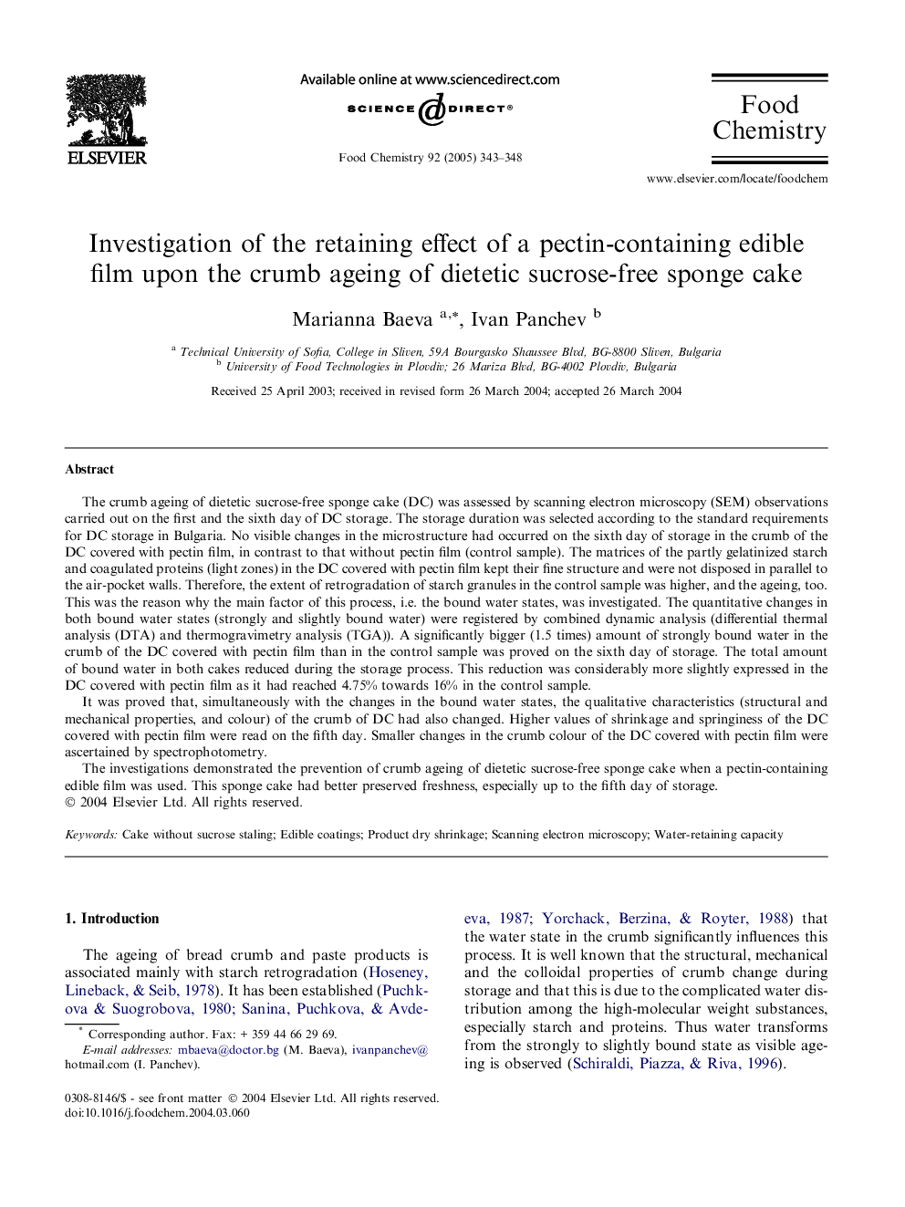 Investigation of the retaining effect of a pectin-containing edible film upon the crumb ageing of dietetic sucrose-free sponge cake