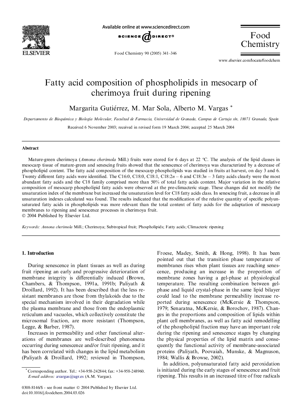 Fatty acid composition of phospholipids in mesocarp of cherimoya fruit during ripening