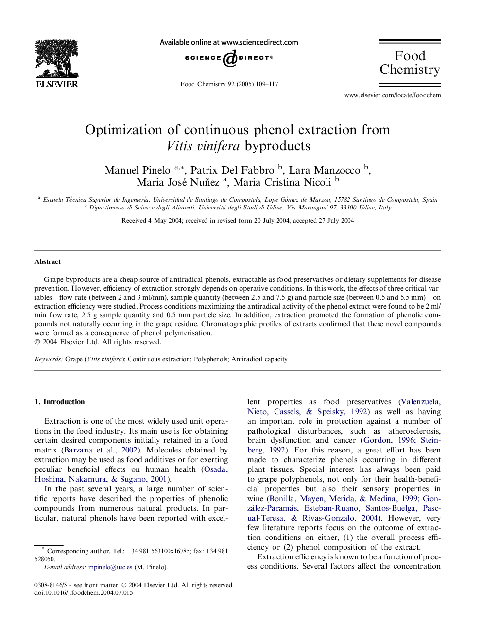 Optimization of continuous phenol extraction from Vitis vinifera byproducts