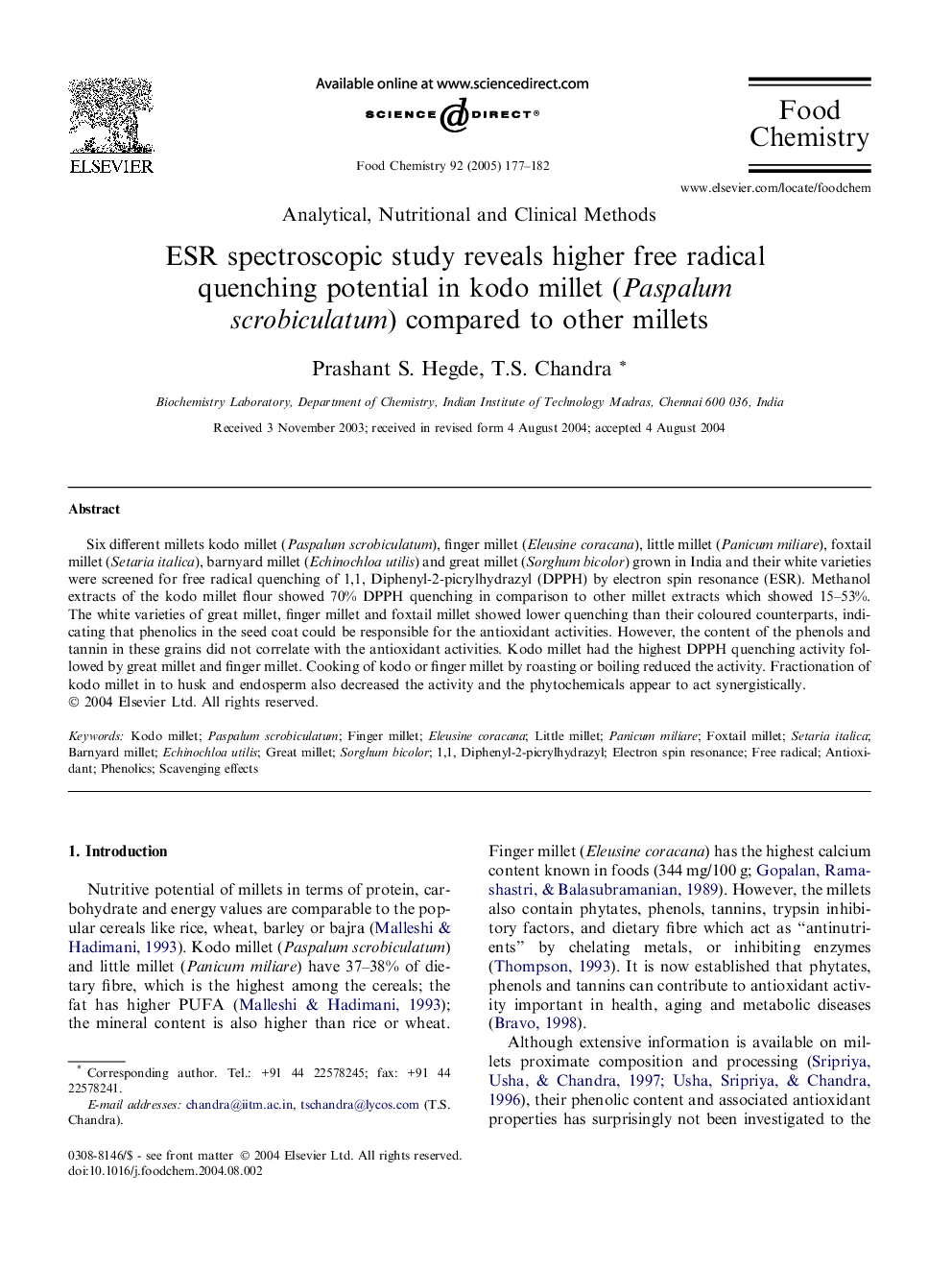 ESR spectroscopic study reveals higher free radical quenching potential in kodo millet (Paspalum scrobiculatum) compared to other millets