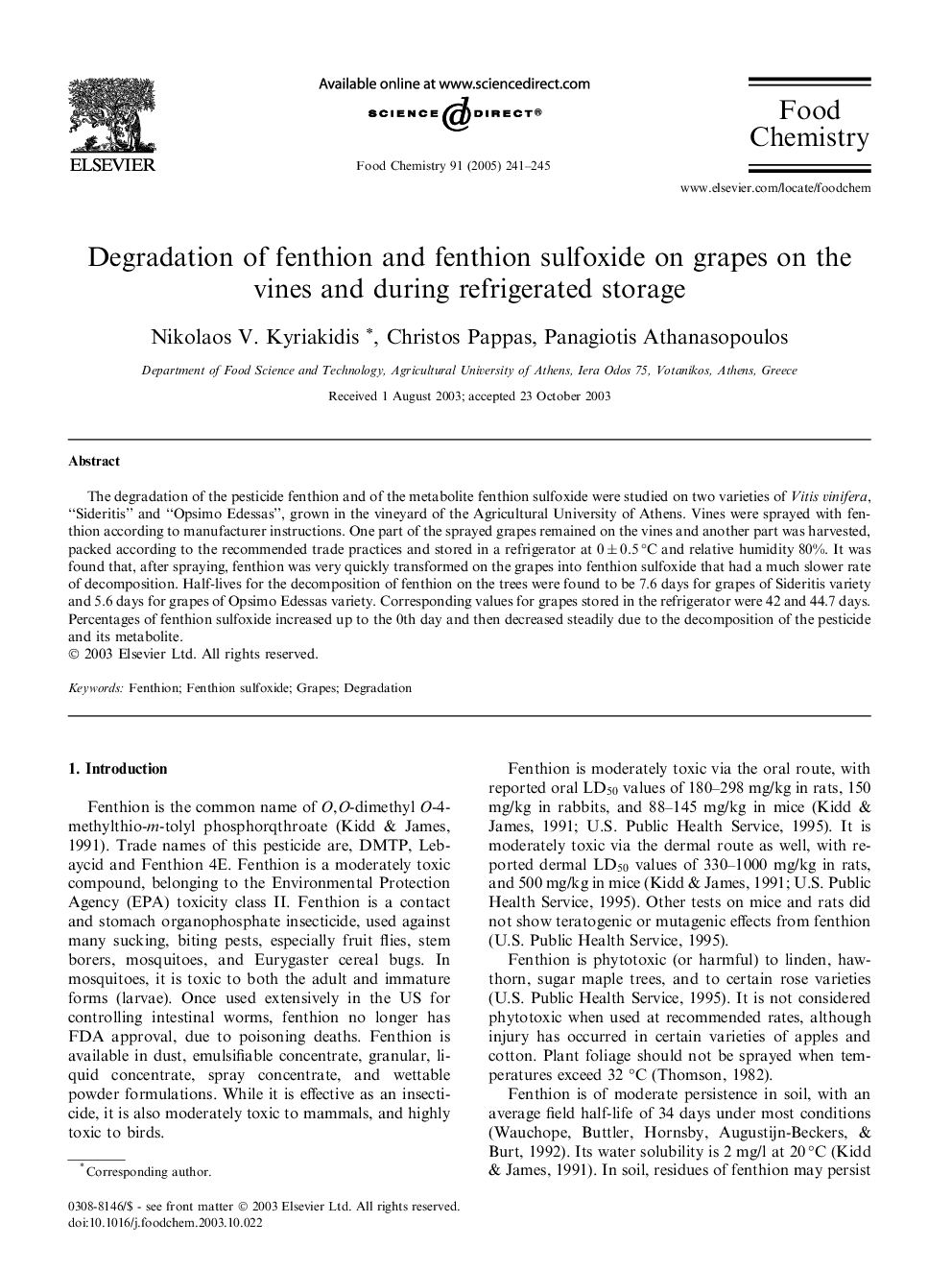 Degradation of fenthion and fenthion sulfoxide on grapes on the vines and during refrigerated storage