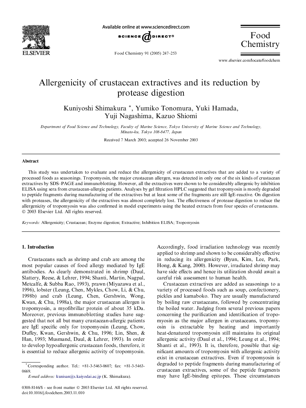 Allergenicity of crustacean extractives and its reduction by protease digestion