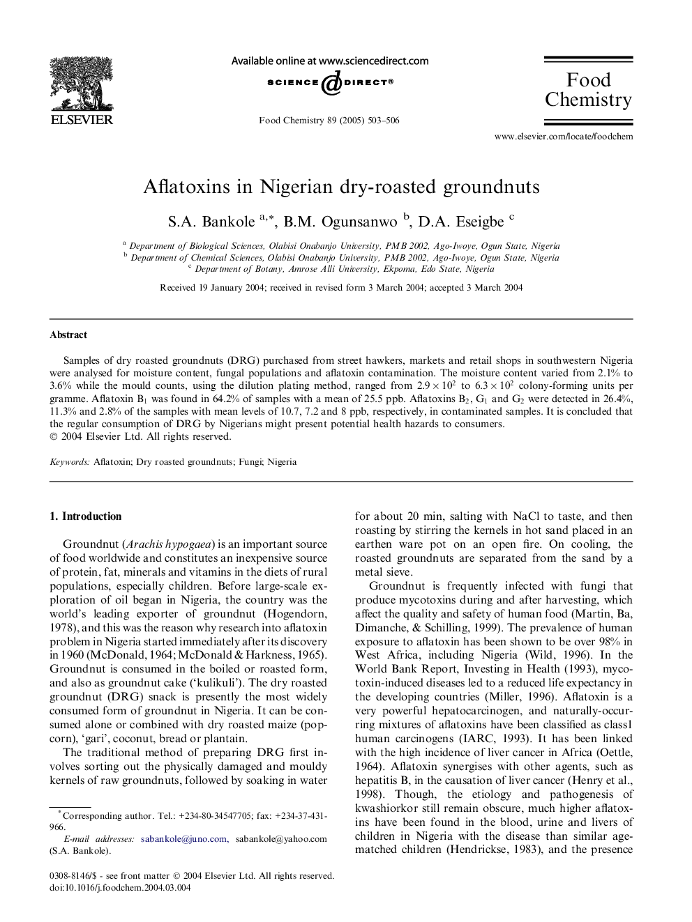 Aflatoxins in Nigerian dry-roasted groundnuts