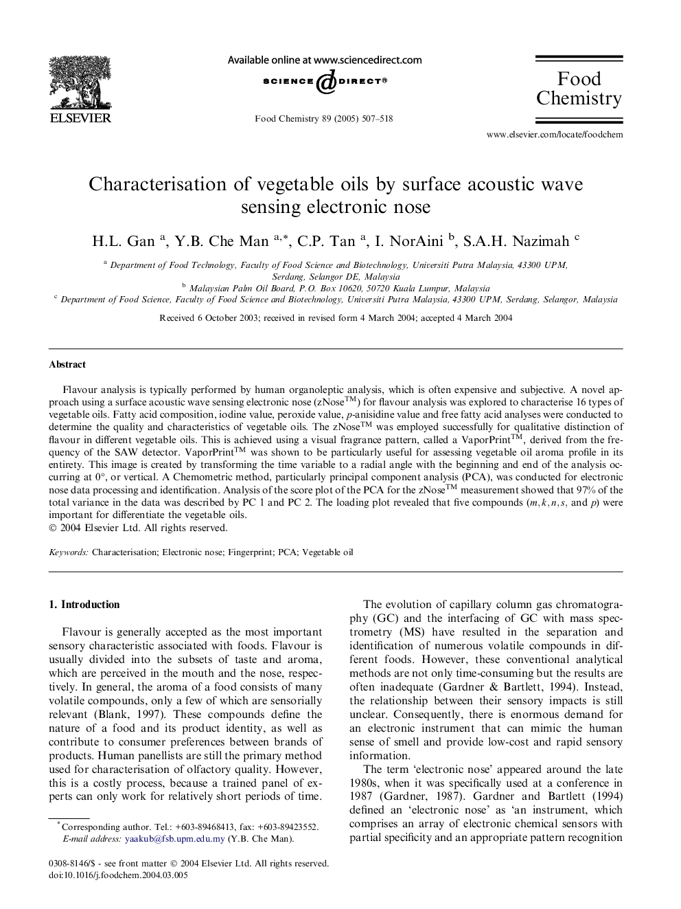 Characterisation of vegetable oils by surface acoustic wave sensing electronic nose