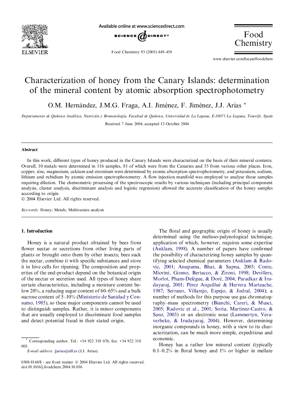 Characterization of honey from the Canary Islands: determination of the mineral content by atomic absorption spectrophotometry