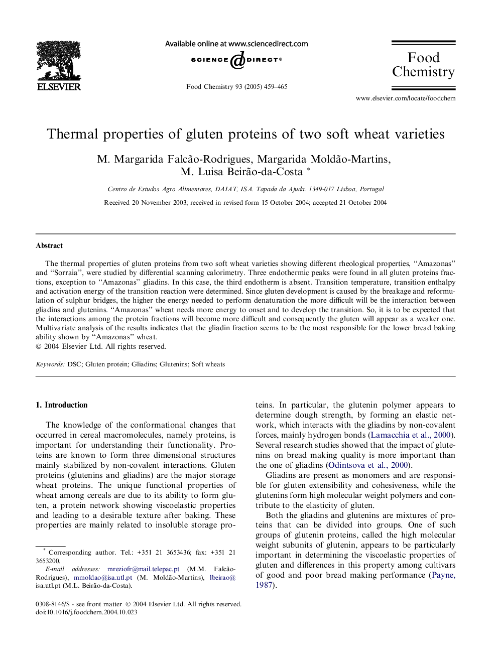 Thermal properties of gluten proteins of two soft wheat varieties