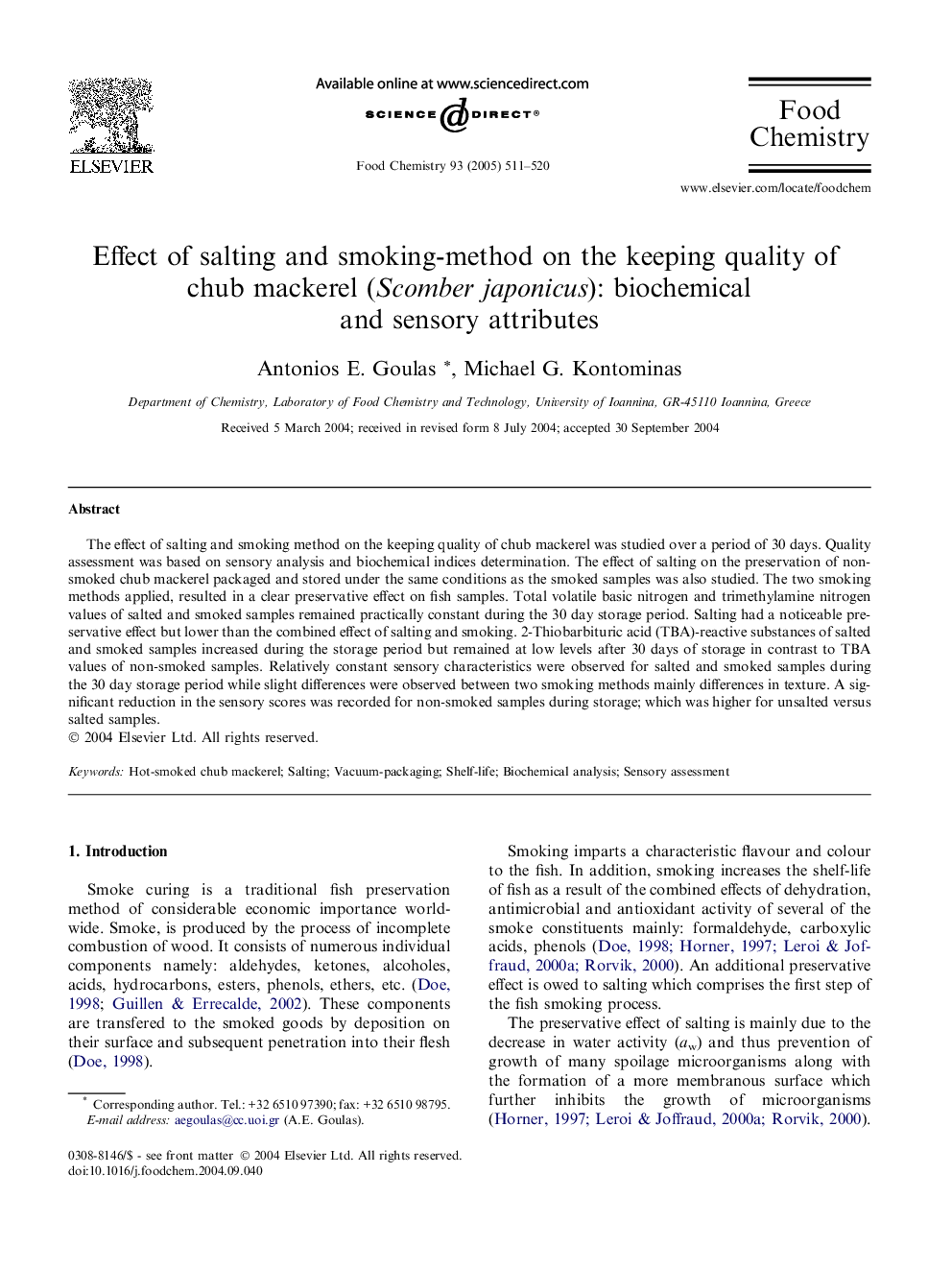 Effect of salting and smoking-method on the keeping quality of chub mackerel (Scomber japonicus): biochemical and sensory attributes