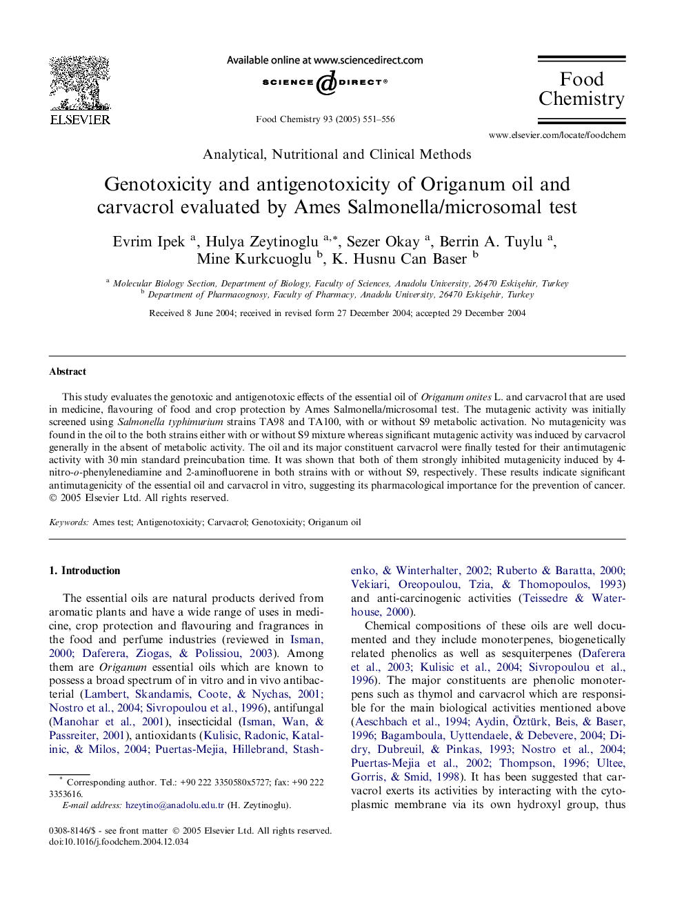 Genotoxicity and antigenotoxicity of Origanum oil and carvacrol evaluated by Ames Salmonella/microsomal test