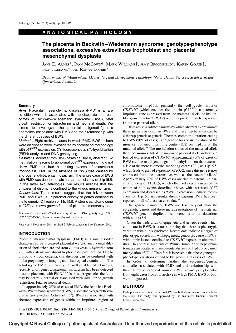 The placenta in Beckwith-Wiedemann syndrome: genotype-phenotype associations, excessive extravillous trophoblast and placental mesenchymal dysplasia