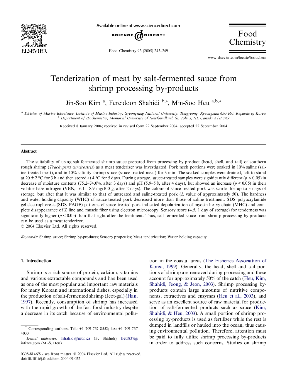 عکس صفحه اول مقاله: Tenderization of meat by salt-fermented sauce from shrimp processing by-products Tenderization of meat by salt-fermented sauce from shrimp processing by-products