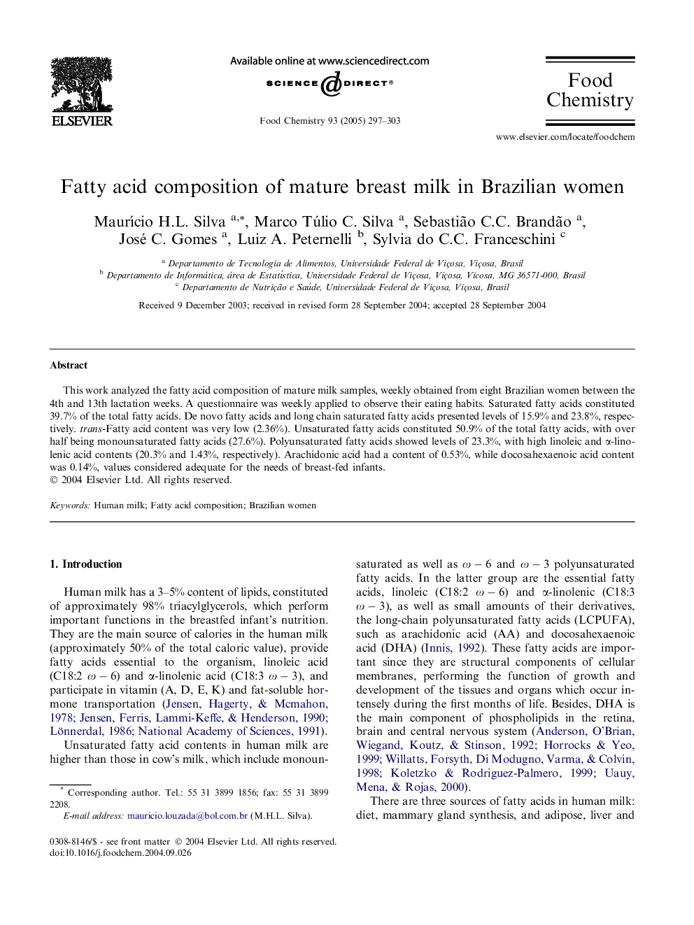 Fatty acid composition of mature breast milk in Brazilian women