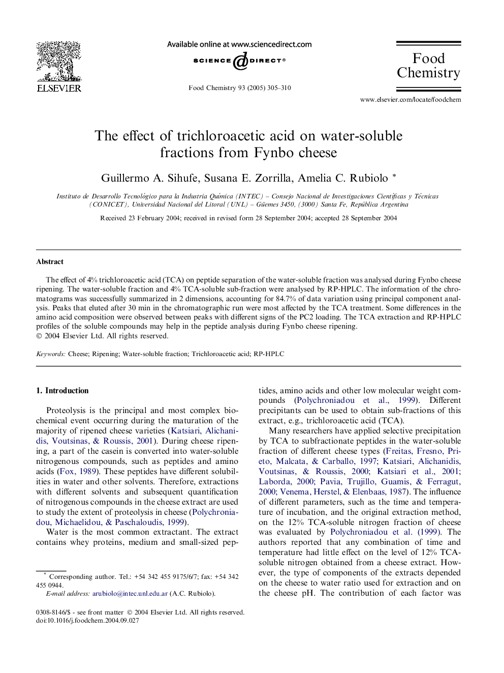 عکس صفحه اول مقاله: The effect of trichloroacetic acid on water-soluble fractions from Fynbo cheese The effect of trichloroacetic acid on water-soluble fractions from Fynbo cheese
