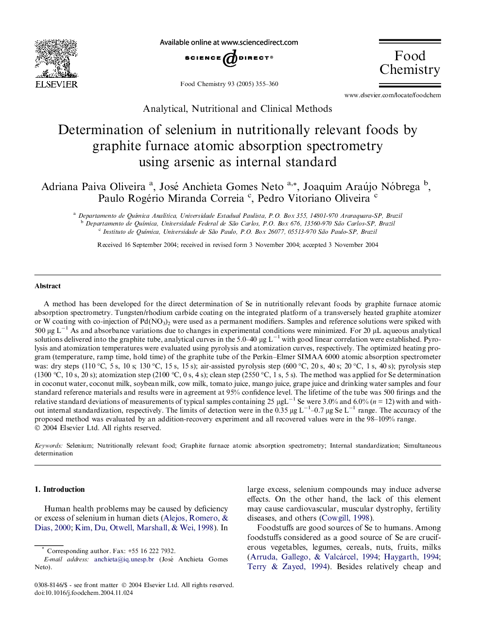 Determination of selenium in nutritionally relevant foods by graphite furnace atomic absorption spectrometry using arsenic as internal standard