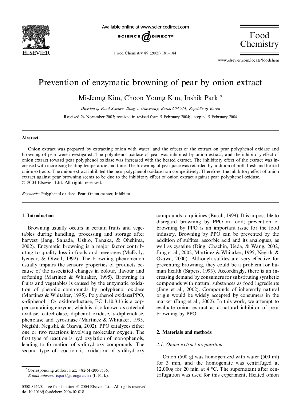 Prevention of enzymatic browning of pear by onion extract