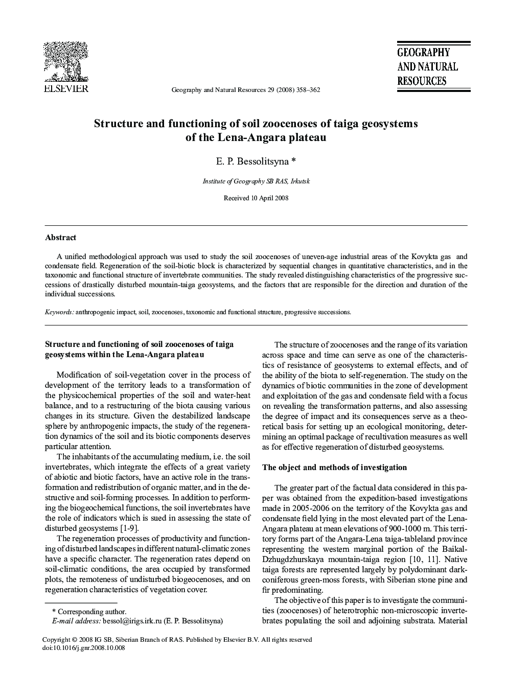 Structure and functioning of soil zoocenoses of taiga geosystems of the Lena-Angara plateau