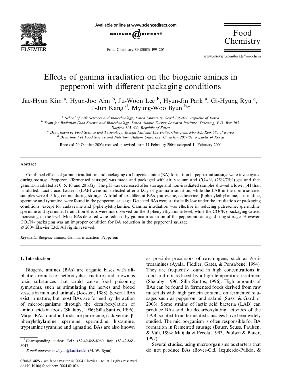 Effects of gamma irradiation on the biogenic amines in pepperoni with different packaging conditions