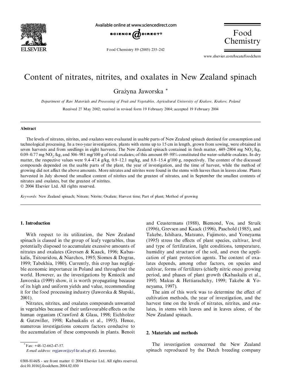 Content of nitrates, nitrites, and oxalates in New Zealand spinach