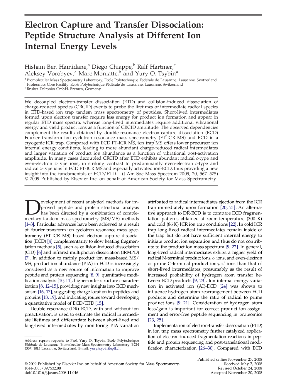 Electron Capture and Transfer Dissociation: Peptide Structure Analysis at Different Ion Internal Energy Levels