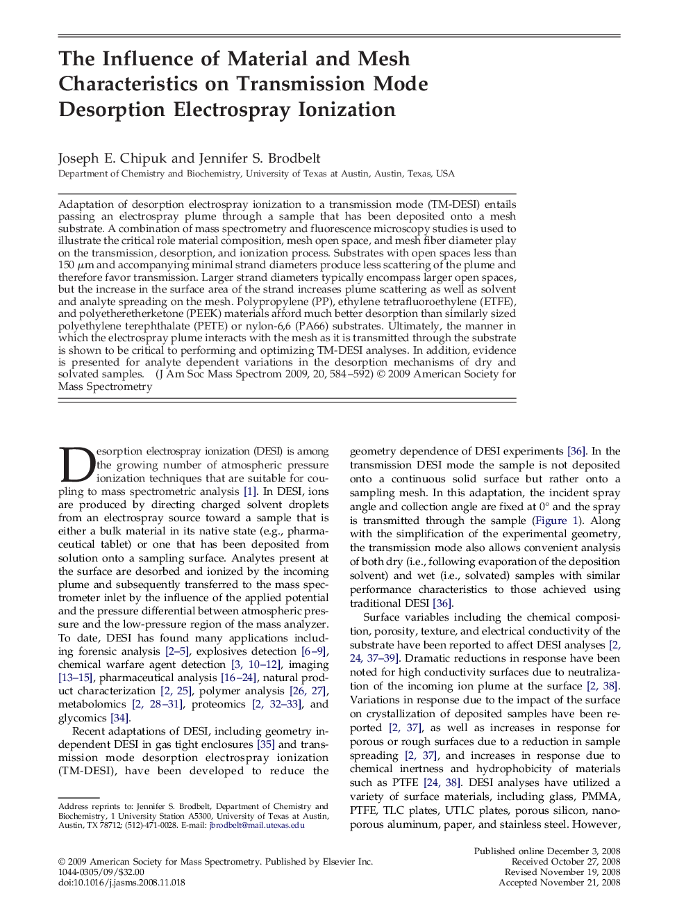 The Influence of Material and Mesh Characteristics on Transmission Mode Desorption Electrospray Ionization