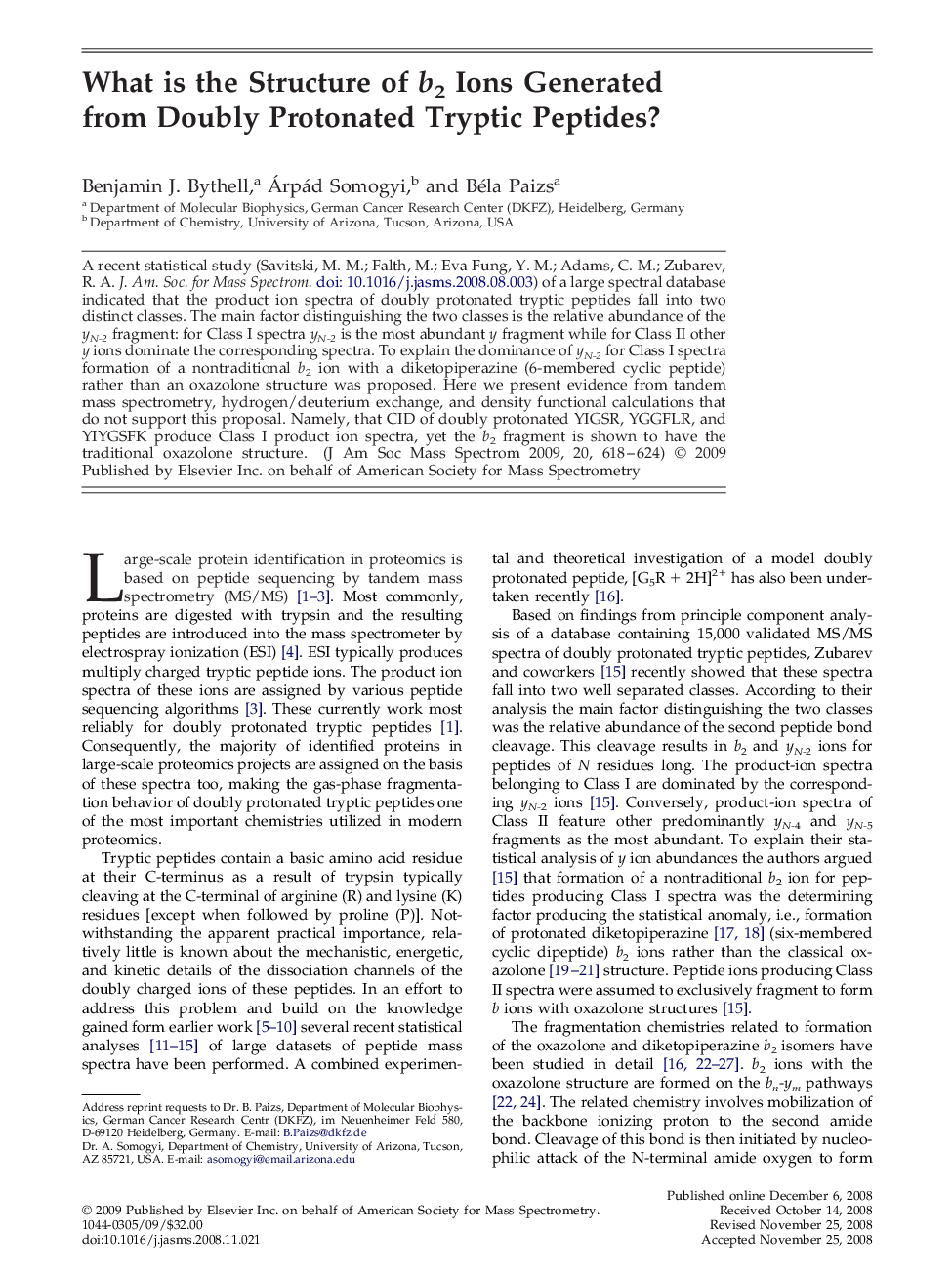 What is the Structure of b2 Ions Generated from Doubly Protonated Tryptic Peptides?