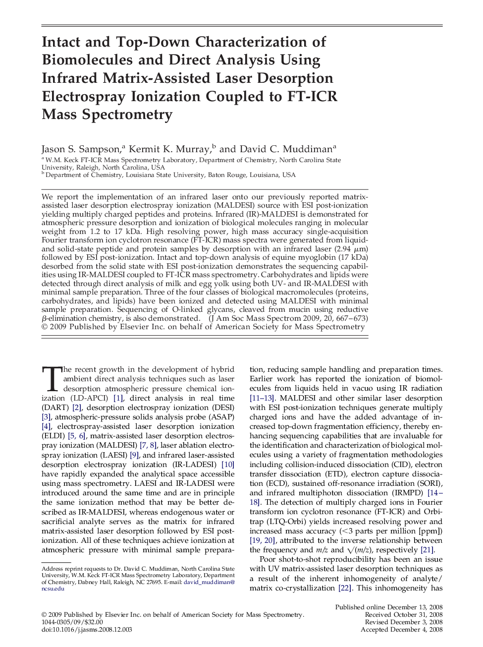 Intact and Top-Down Characterization of Biomolecules and Direct Analysis Using Infrared Matrix-Assisted Laser Desorption Electrospray Ionization Coupled to FT-ICR Mass Spectrometry