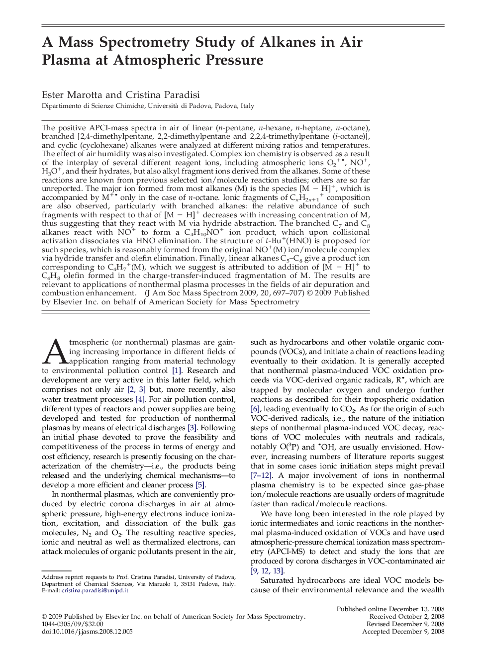 A Mass Spectrometry Study of Alkanes in Air Plasma at Atmospheric Pressure