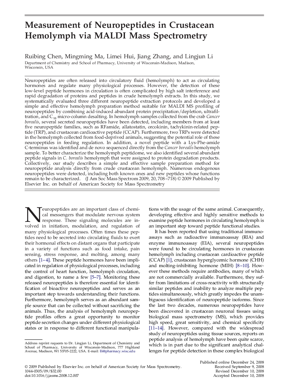 Measurement of Neuropeptides in Crustacean Hemolymph via MALDI Mass Spectrometry