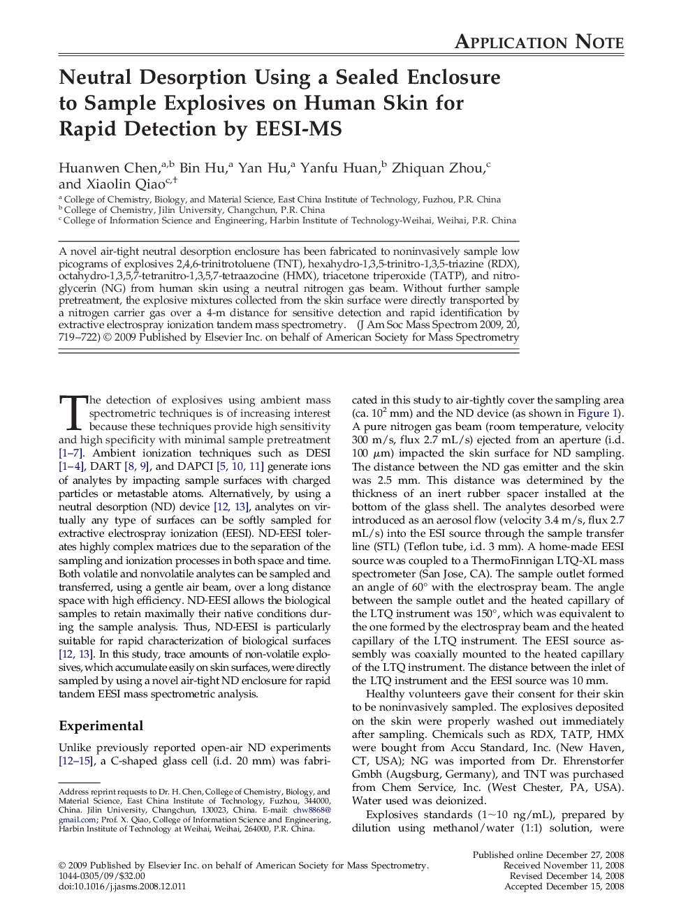Neutral Desorption Using a Sealed Enclosure to Sample Explosives on Human Skin for Rapid Detection by EESI-MS