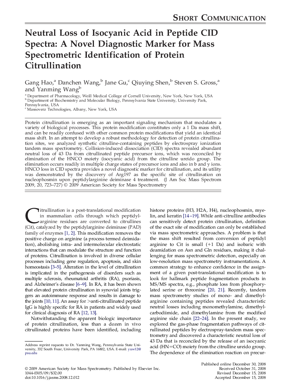 Neutral Loss of Isocyanic Acid in Peptide CID Spectra: A Novel Diagnostic Marker for Mass Spectrometric Identification of Protein Citrullination