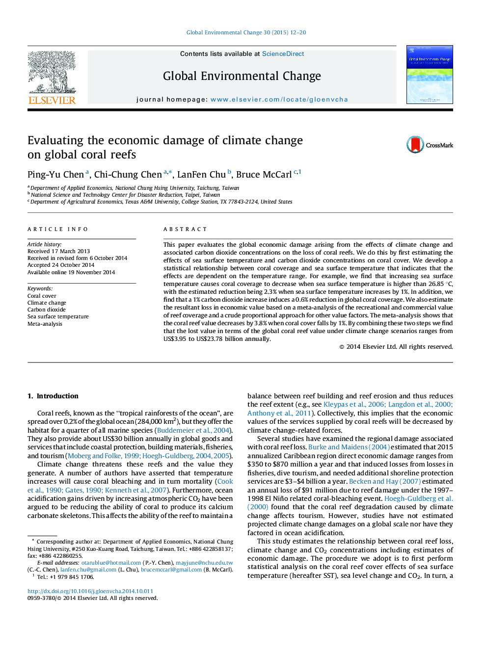 Evaluating the economic damage of climate change on global coral reefs