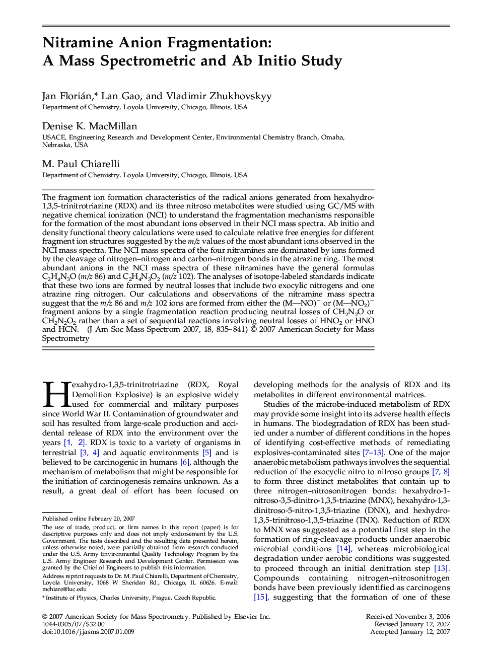 Nitramine Anion Fragmentation: A Mass Spectrometric and Ab Initio Study