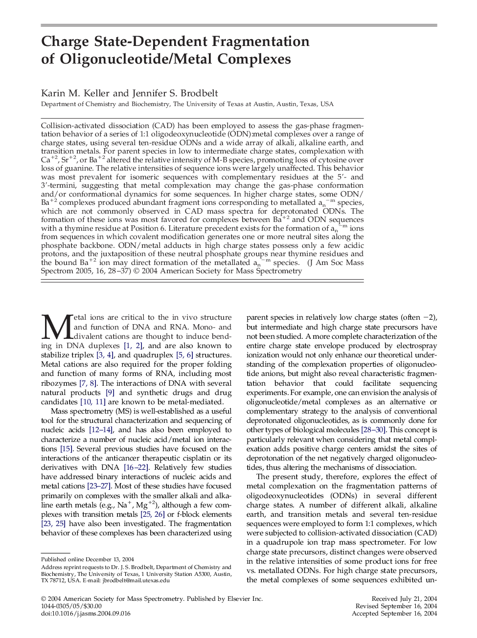 Charge state-dependent fragmentation of oligonucleotide/metal complexes