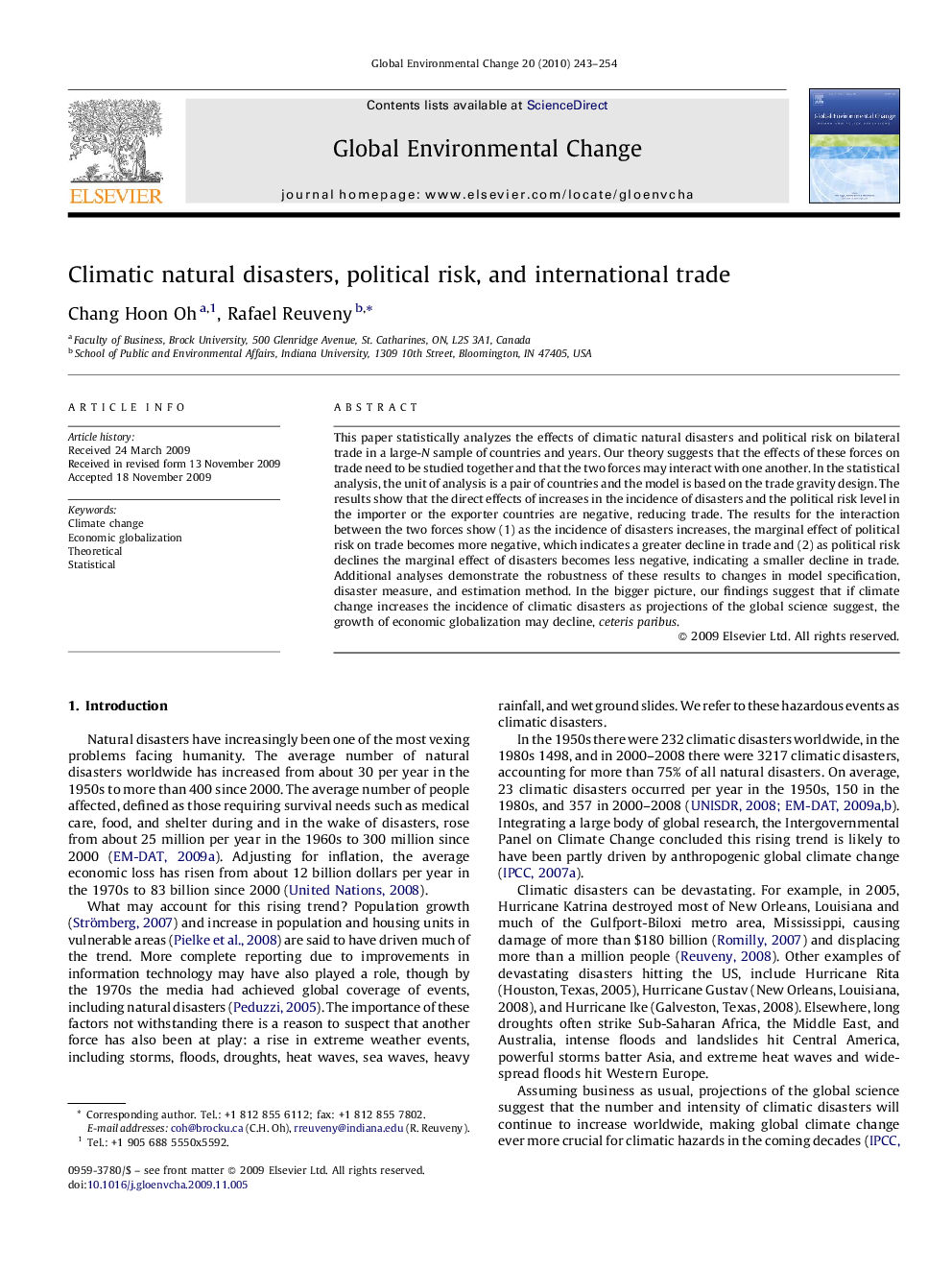 Climatic natural disasters, political risk, and international trade