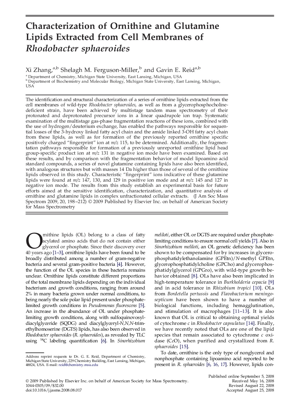 Characterization of Ornithine and Glutamine Lipids Extracted from Cell Membranes of Rhodobacter sphaeroides