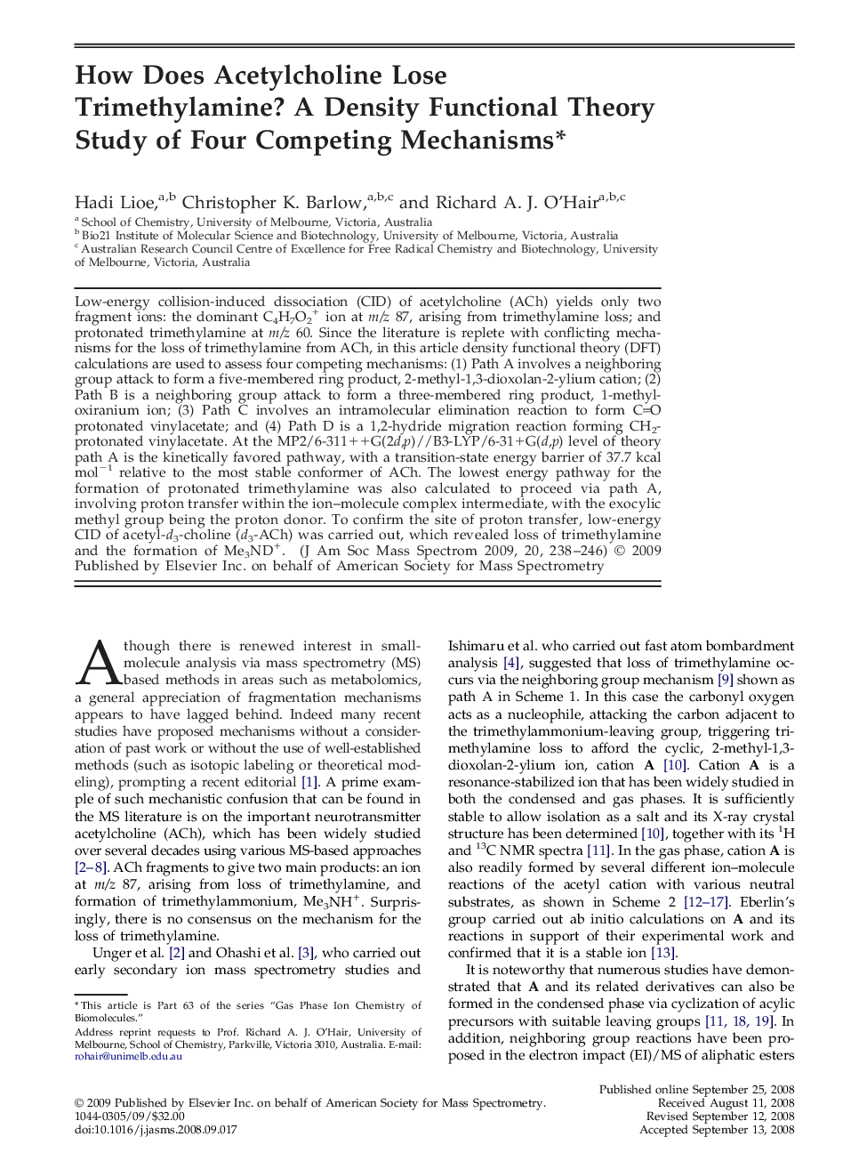 How Does Acetylcholine Lose Trimethylamine? A Density Functional Theory Study of Four Competing Mechanismsâ