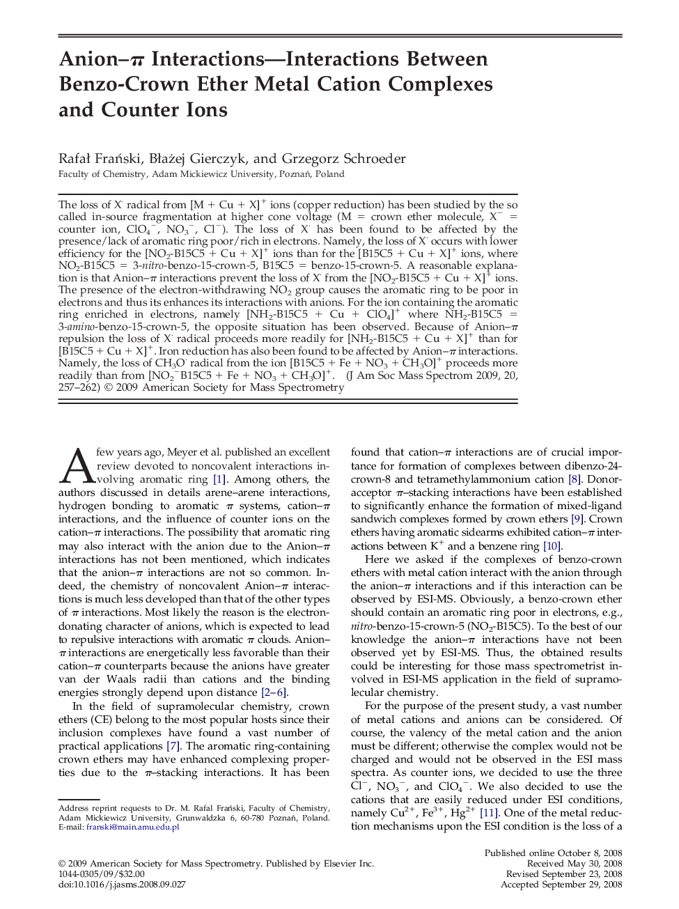 Anion-Ï Interactions-Interactions Between Benzo-Crown Ether Metal Cation Complexes and Counter Ions