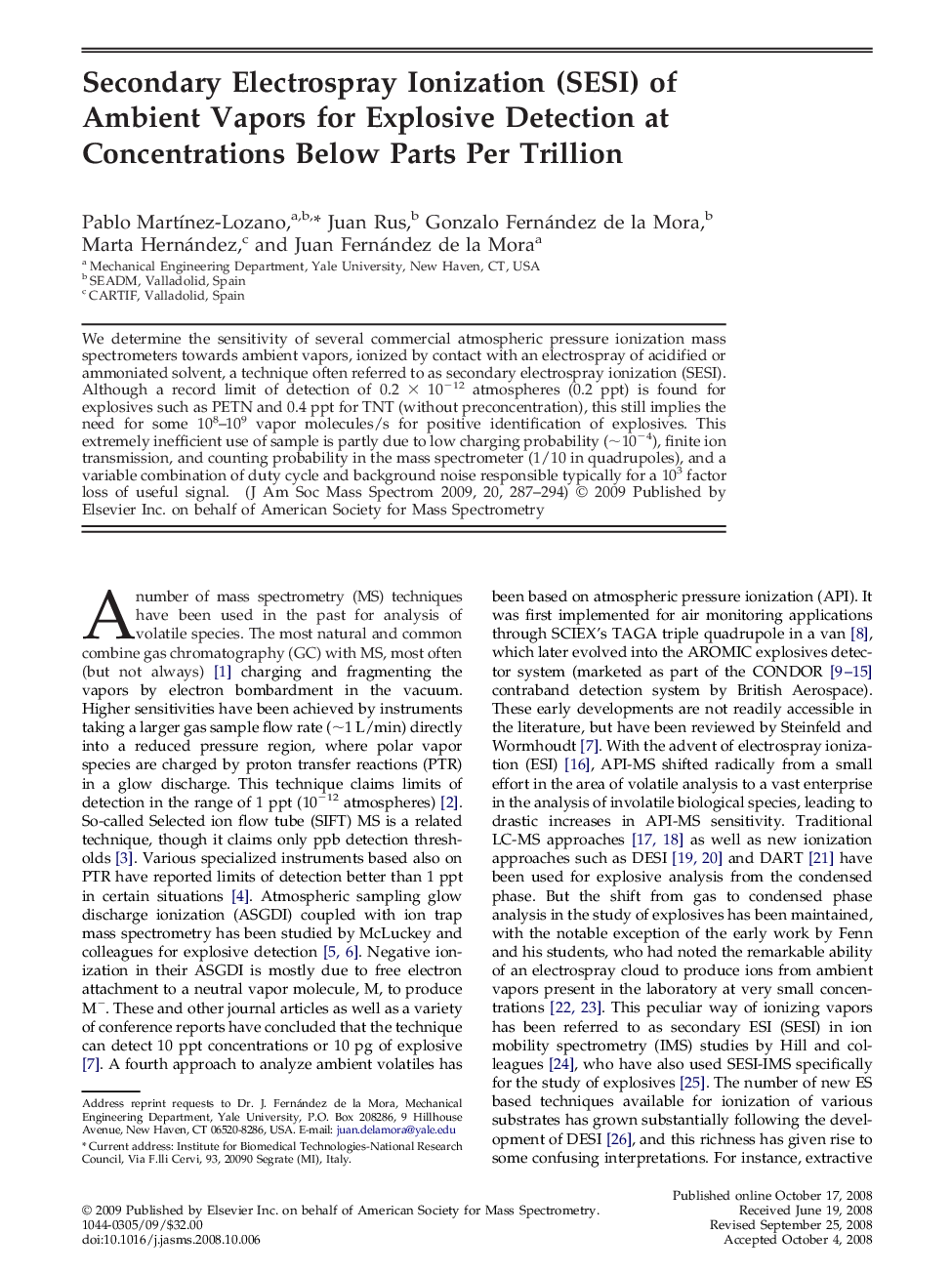 Secondary Electrospray Ionization (SESI) of Ambient Vapors for Explosive Detection at Concentrations Below Parts Per Trillion