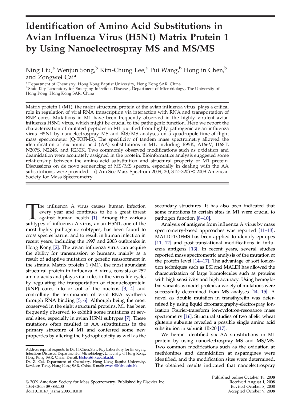 Identification of Amino Acid Substitutions in Avian Influenza Virus (H5N1) Matrix Protein 1 by Using Nanoelectrospray MS and MS/MS
