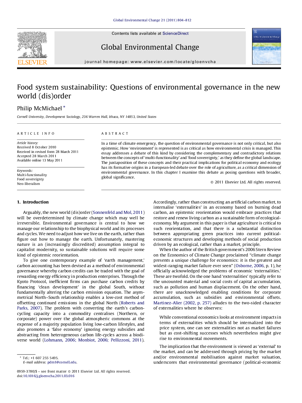 Food system sustainability: Questions of environmental governance in the new world (dis)order