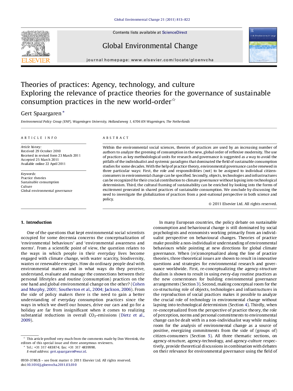 Theories of practices: Agency, technology, and culture : Exploring the relevance of practice theories for the governance of sustainable consumption practices in the new world-order