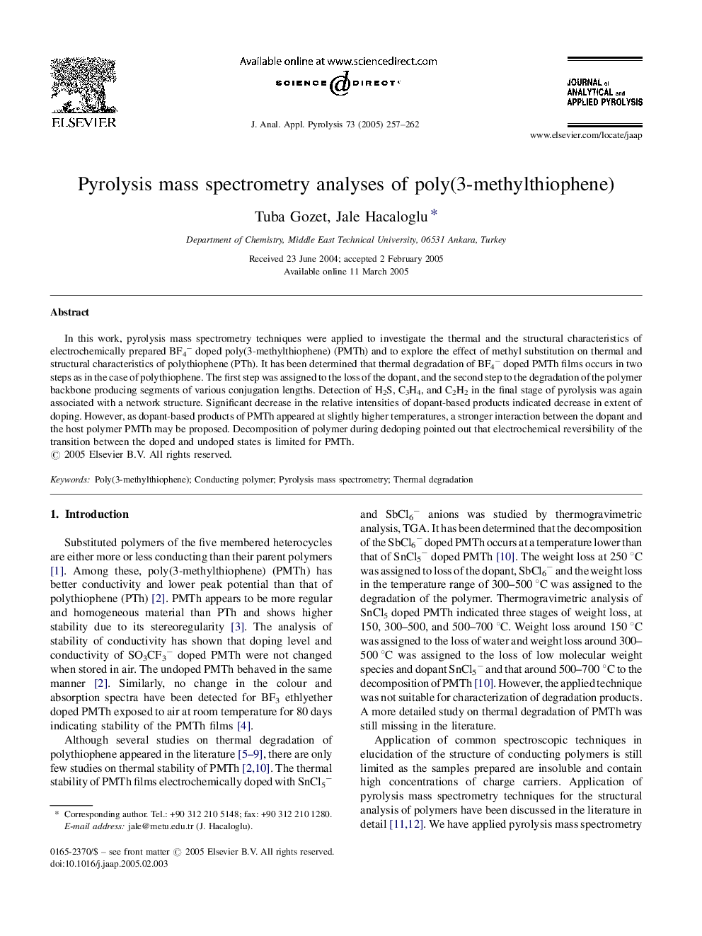 Pyrolysis mass spectrometry analyses of poly(3-methylthiophene)