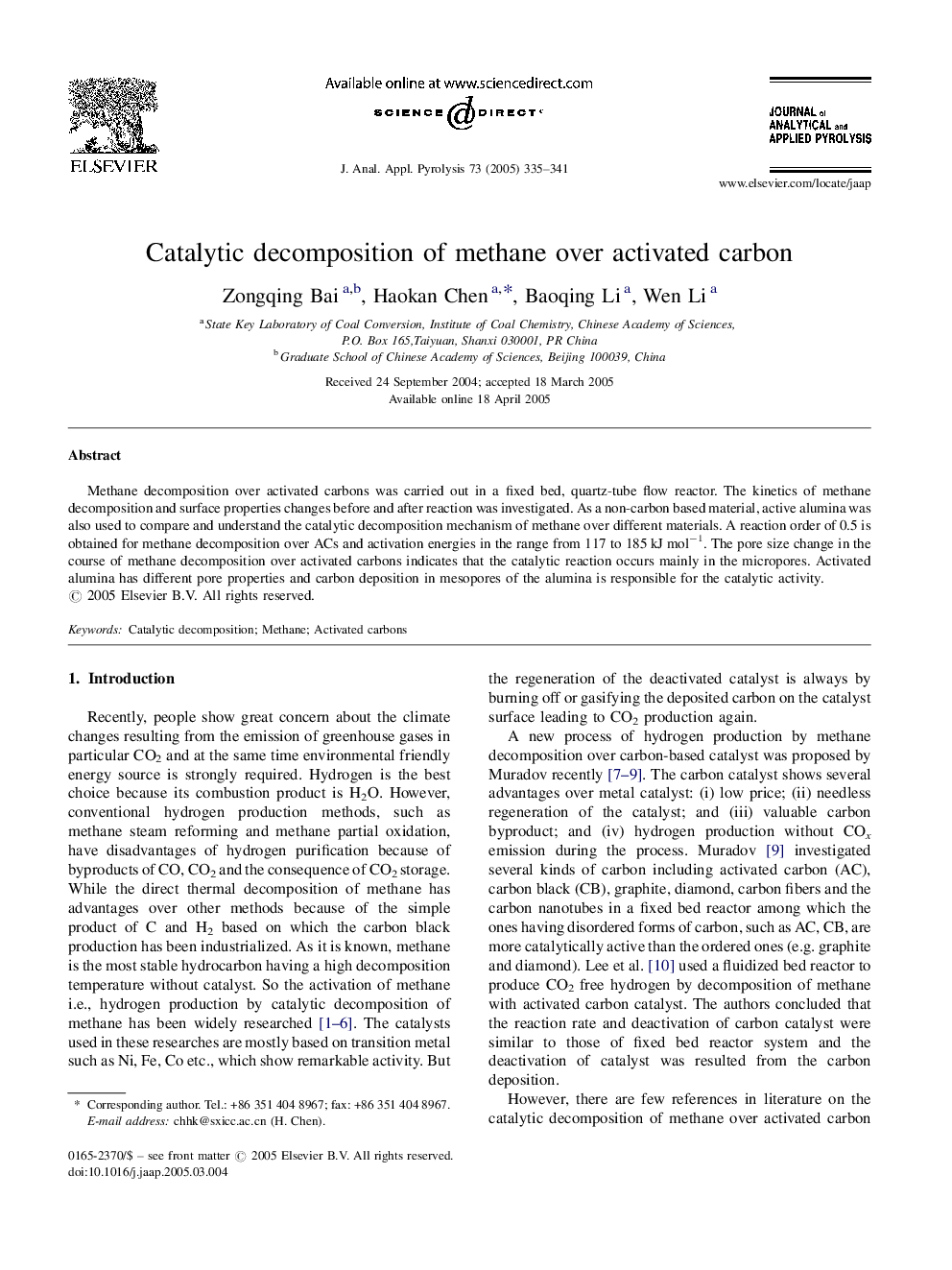 Catalytic decomposition of methane over activated carbon
