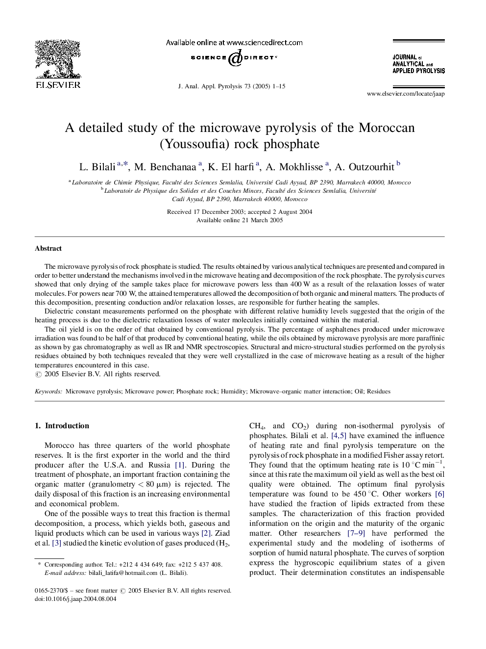 A detailed study of the microwave pyrolysis of the Moroccan (Youssoufia) rock phosphate